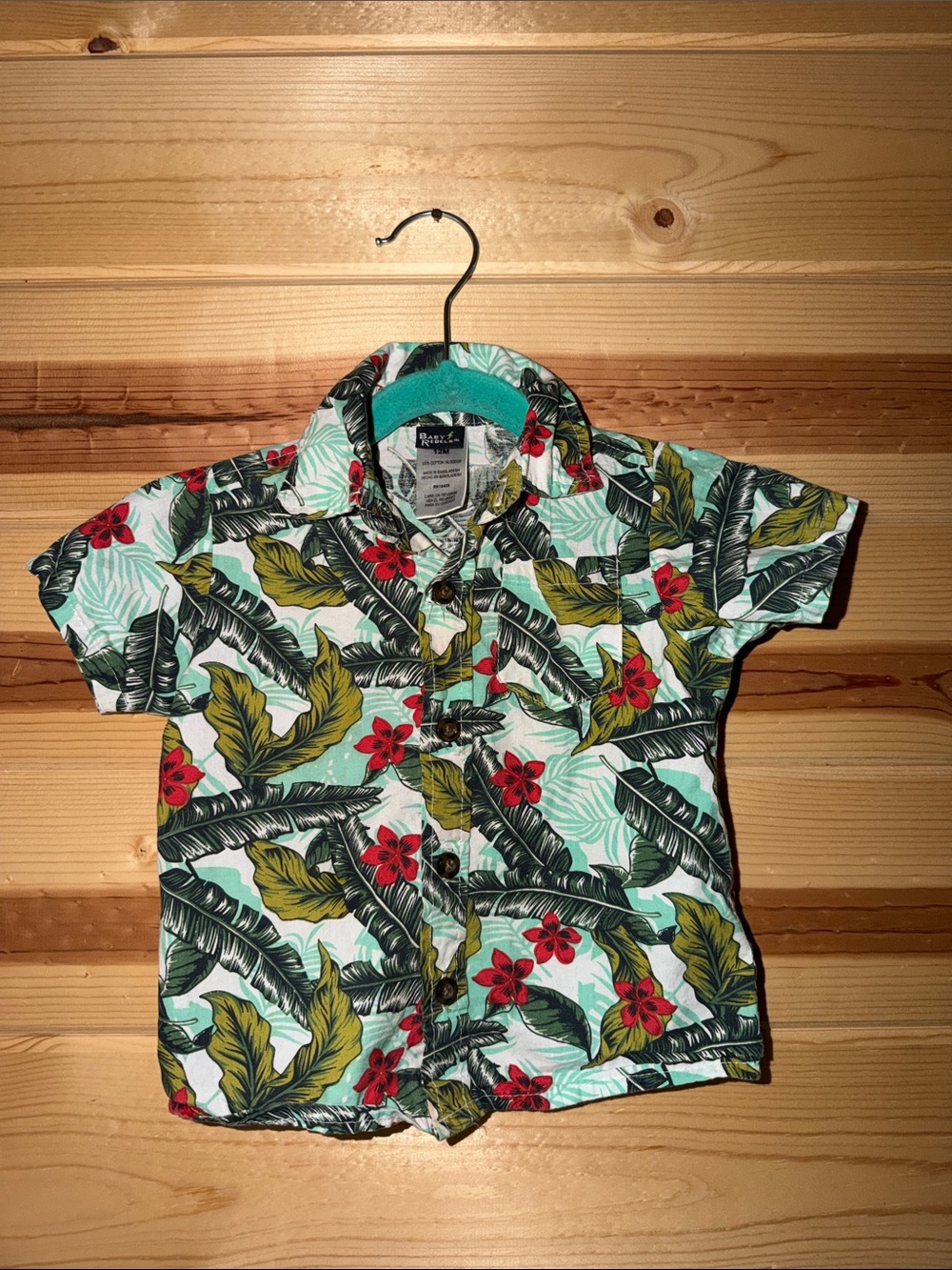 rebels Mint Tropical Leaf Button-Down Shirt with Red Floral Accents
